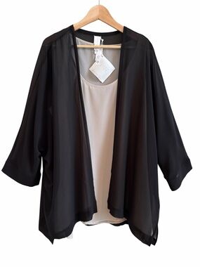 Wynne Layers 2 Pc Black Sheer Cardigan Tan Sleeveless Top Womens Sz 2X Flowy